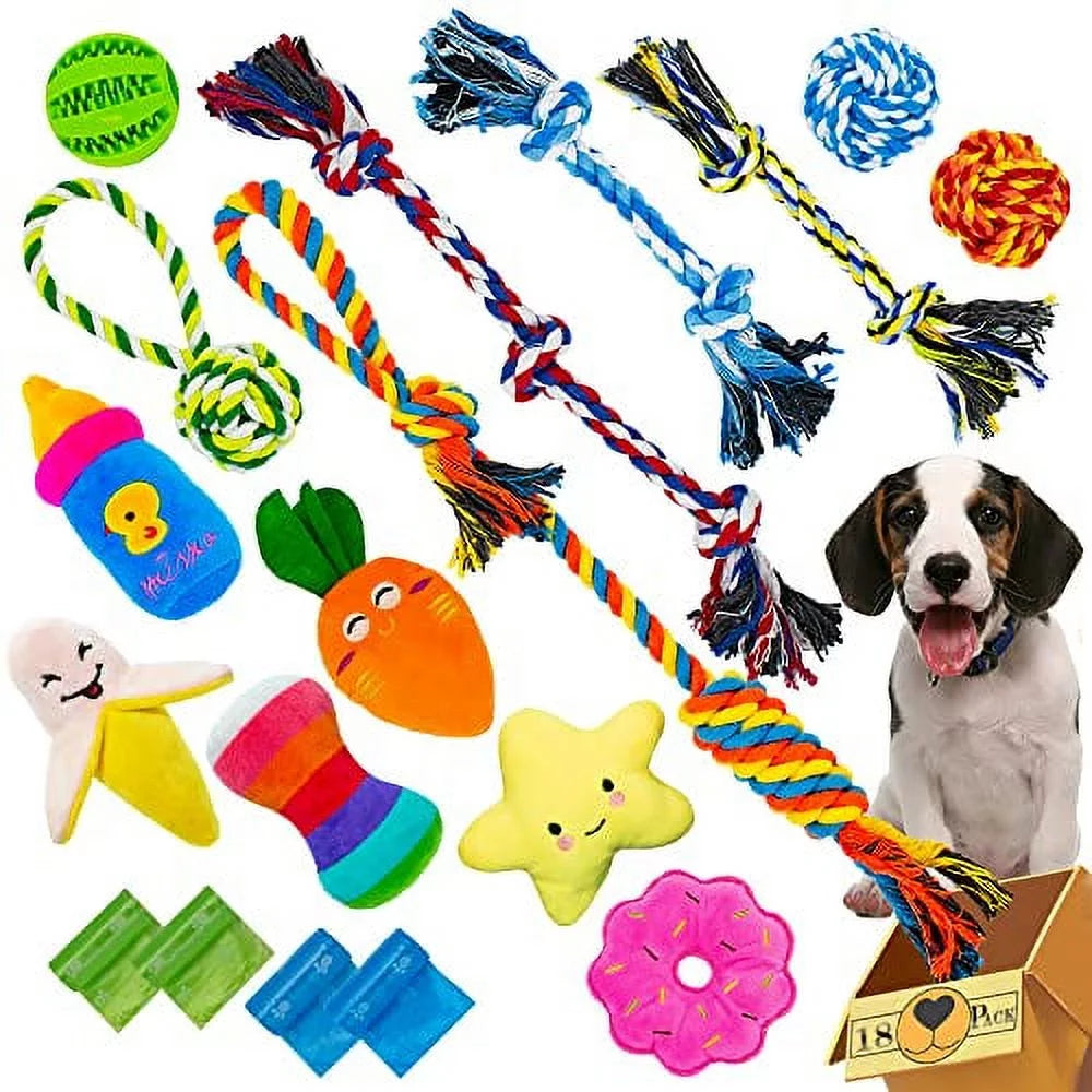 Dog Toys for Puppies - 18 Pcs Pet Interactive Toys with Rope Toys, Squeaky Toys, Plush Toys for Puppy and Small Dogs, Colorful, Durable & Safe Tug of War Toys, Great Toys for Furry Friends