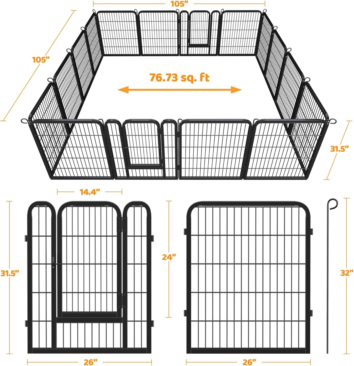 Dog Playpen Outdoor 32 Inch 16 Panels Indoor Dog Fence Metal Dog Pen Heavy Duty Pet Puppy Exercise Pen for RV Camping Garden Yard