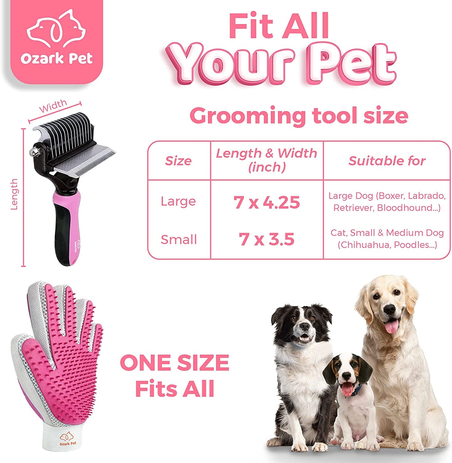 Dog & Cat Brush-Deshedding Brush, Dematting Tools, Shedding Brush Glove, Reduces Shedding 95%, Short to Long Hair, Large Breeds (Pink)