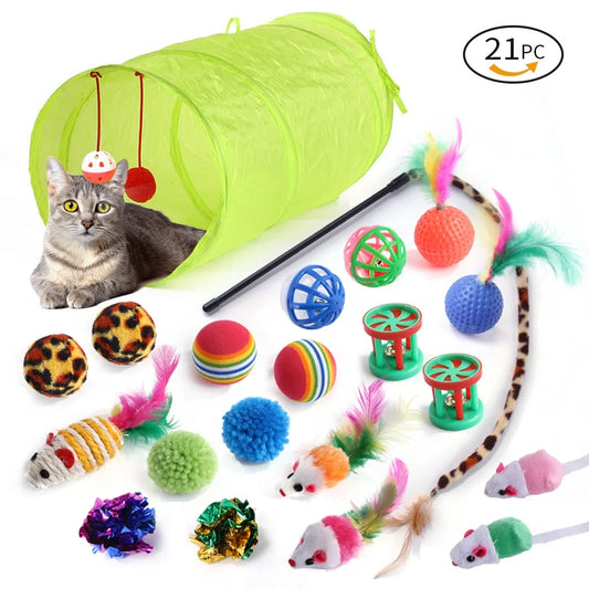 21 PCS Cat Toys Kitten Toys Assortments, Cat Feather Teaser-Wand Interactive Feather Toy Fluffy Mouse, Tunnel, Crinkle Balls Toys for Cat, Puppy, Kitty, Rabbit