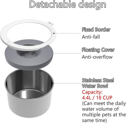 4.4L Dog Water Bowl Elevated,Slow Water No Spill Dog Bowl,9In Adjustable Height,Stainless Steel Dog Bowl,Floating Disk,Non-Slip Bowl Mat