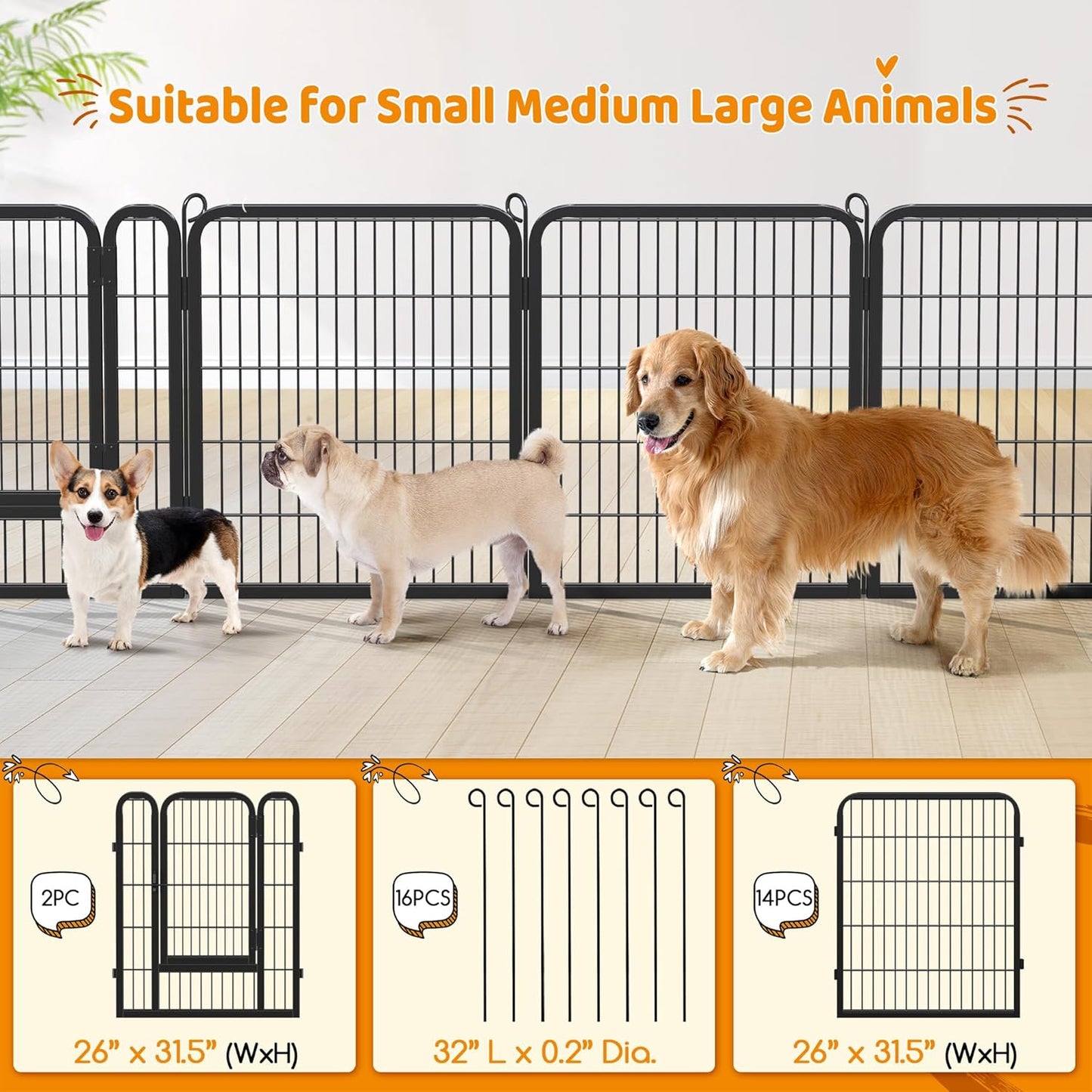Dog Playpen Outdoor 32 Inch 16 Panels Indoor Dog Fence Metal Dog Pen Heavy Duty Pet Puppy Exercise Pen for RV Camping Garden Yard