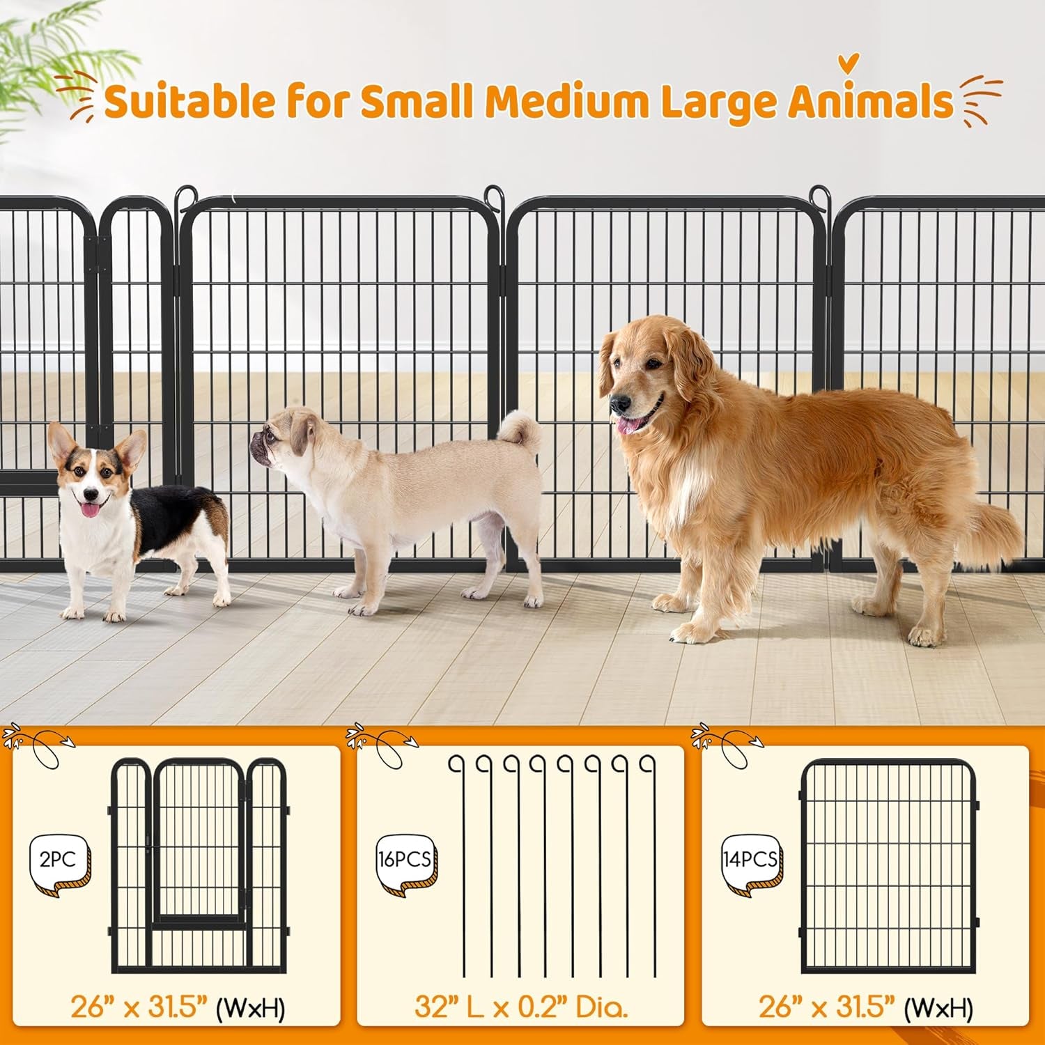 Dog Playpen Outdoor 32 Inch 16 Panels Indoor Dog Fence Metal Dog Pen Heavy Duty Pet Puppy Exercise Pen for RV Camping Garden Yard