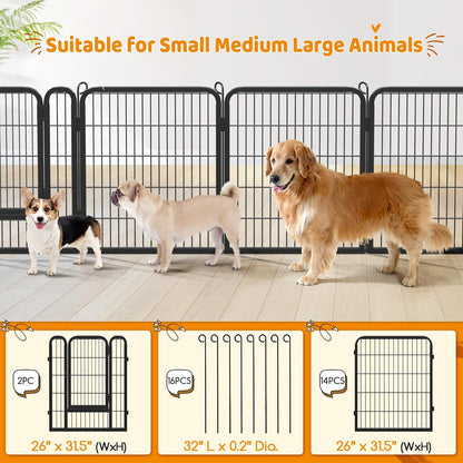 Dog Playpen Outdoor 32 Inch 16 Panels Indoor Dog Fence Metal Dog Pen Heavy Duty Pet Puppy Exercise Pen for RV Camping Garden Yard