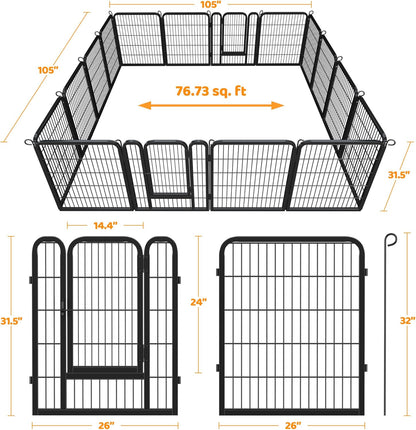 Dog Playpen Outdoor 32 Inch 16 Panels Indoor Dog Fence Metal Dog Pen Heavy Duty Pet Puppy Exercise Pen for RV Camping Garden Yard